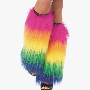 Rainbow fuzzy leg warmers.